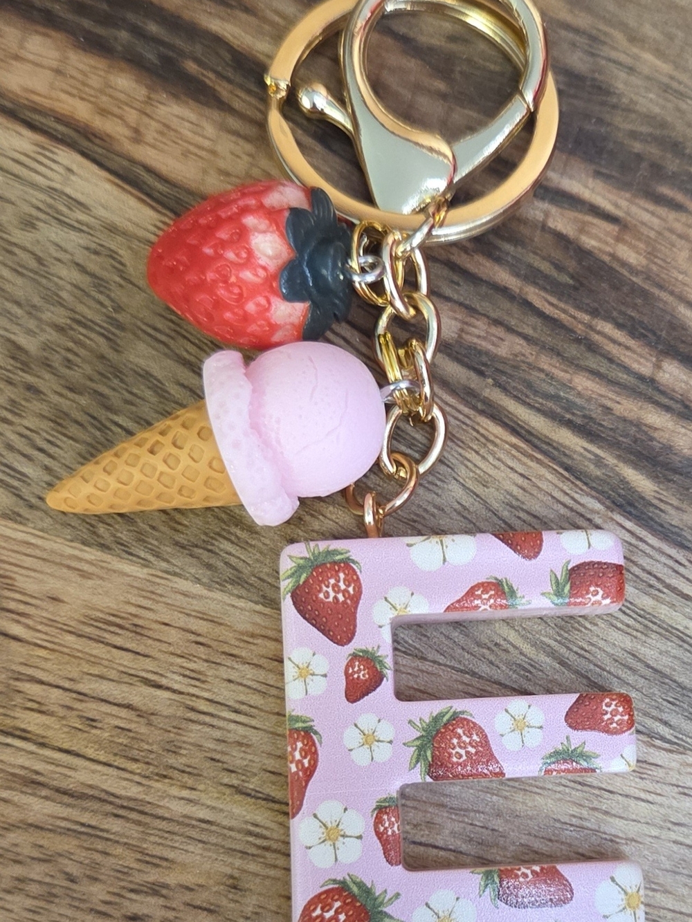🍓 Sweet Strawberry Letter “E” Keychain / Bag Charm – Hand crafted & Adorable🍦✨